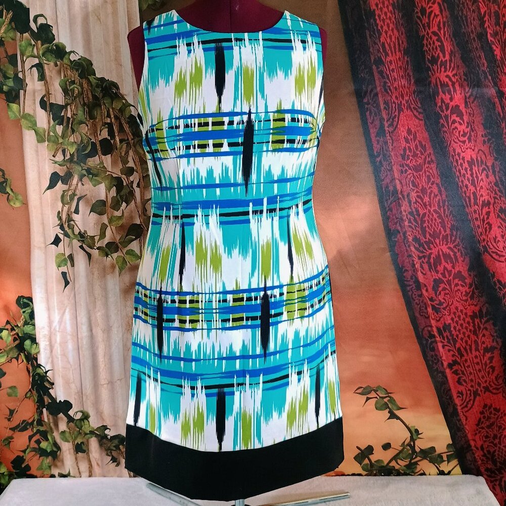 EUC Ronni Nicole Sz 12 Teal Green & Blue Ikat Geometric Sleeveless Sheath Dress